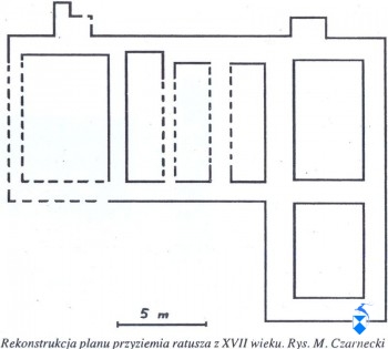 Rekonstrukcja planu przyziemia ratusza z XVII wieku. Rys. M. Czarnecki