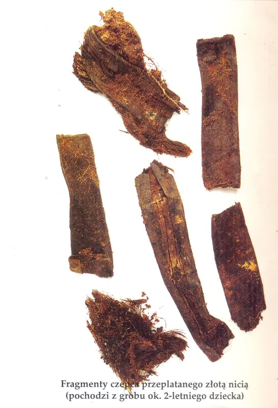 Fragment czepca przeplatanego złotą nicią (pochodzi z grobu ok. 2-letniego dziecka)