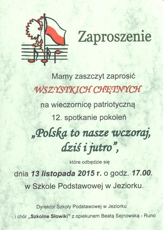 Zaproszenie na wieczornicę patriotyczną do Jeziorka ZAPROSZENIE 2